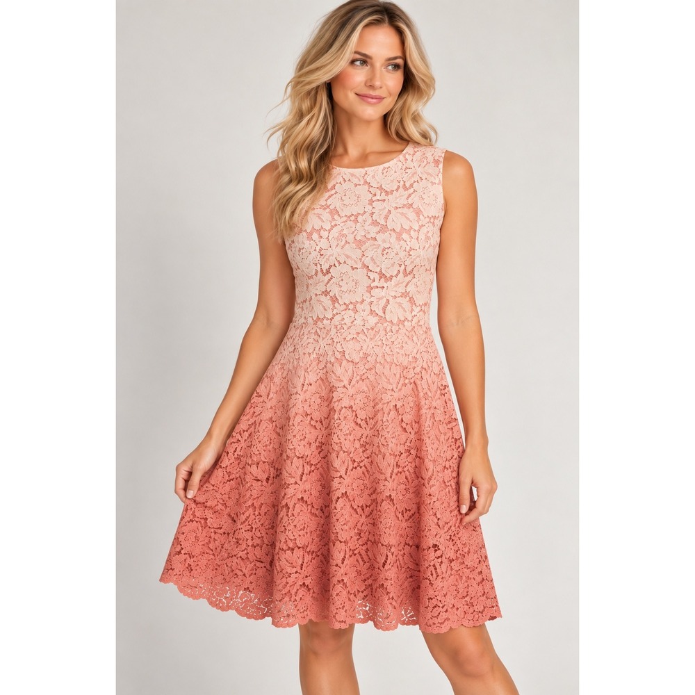 Trina Turk Carpenteria Ombré Lace Fit & Flare Dress Coral Pink Sz 10